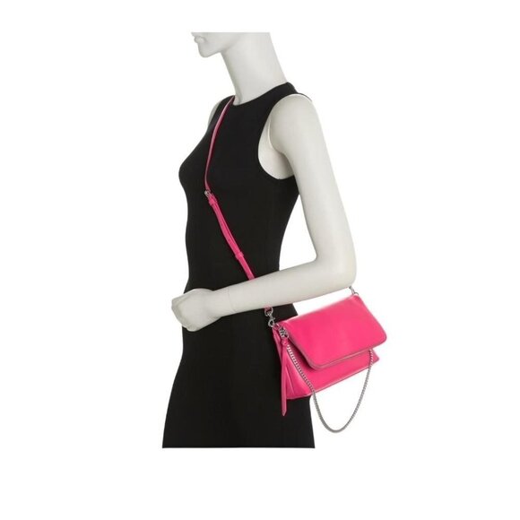 Rebecca Minkoff Womens Hot Pink Leather Fold Over Chain Strap Crossbody Bag New - Picture 2 of 16